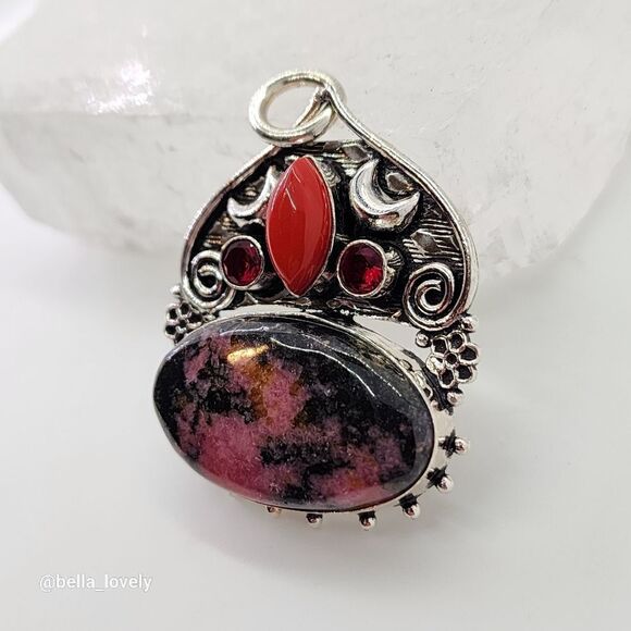 Crescent Moon Rhodonite Coral Handmade Pendant Jewelry Woman Gift 2" - Picture 2 of 4
